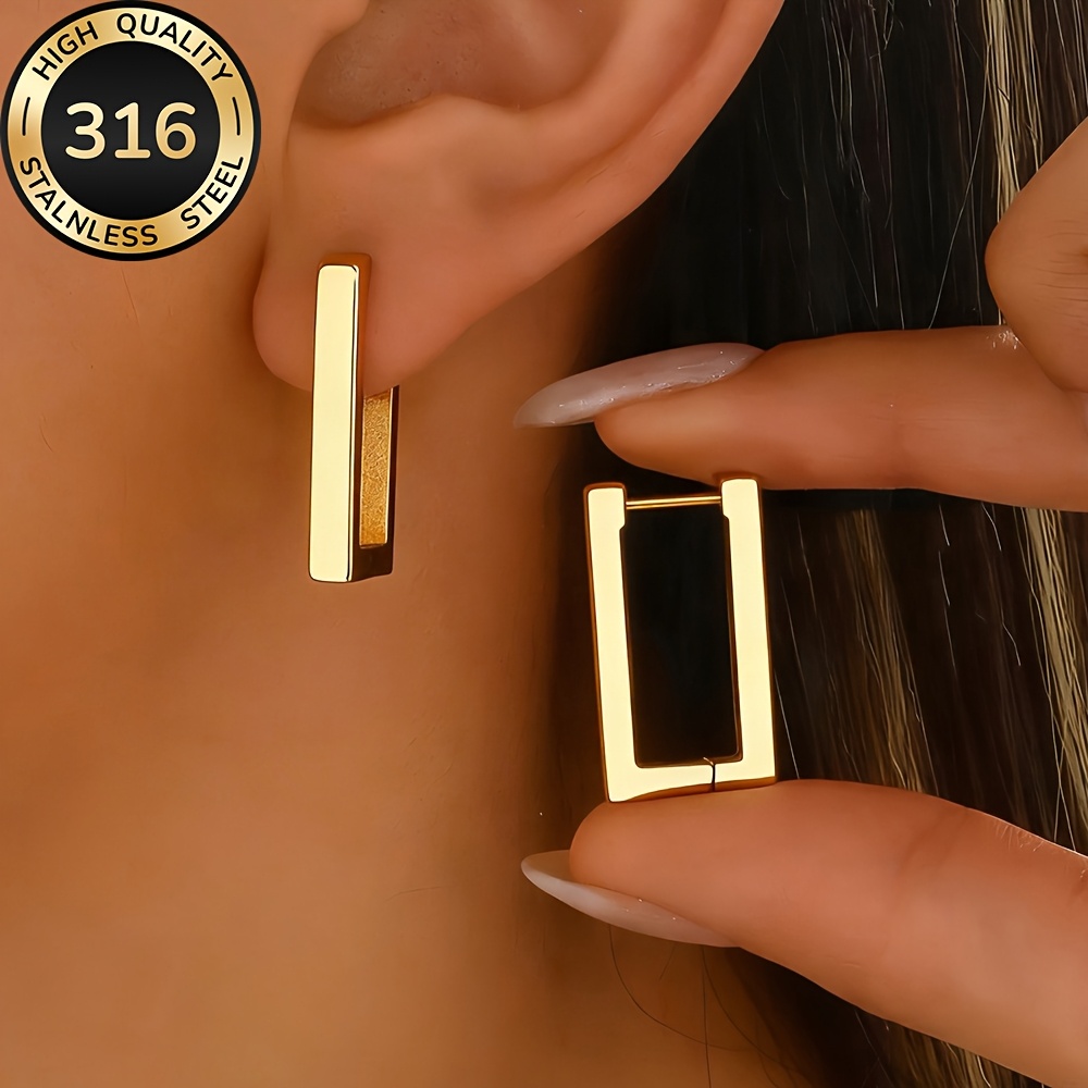 Women's Hypoallergenic Stainless Steel Golden Square Earrings, Elegant Design